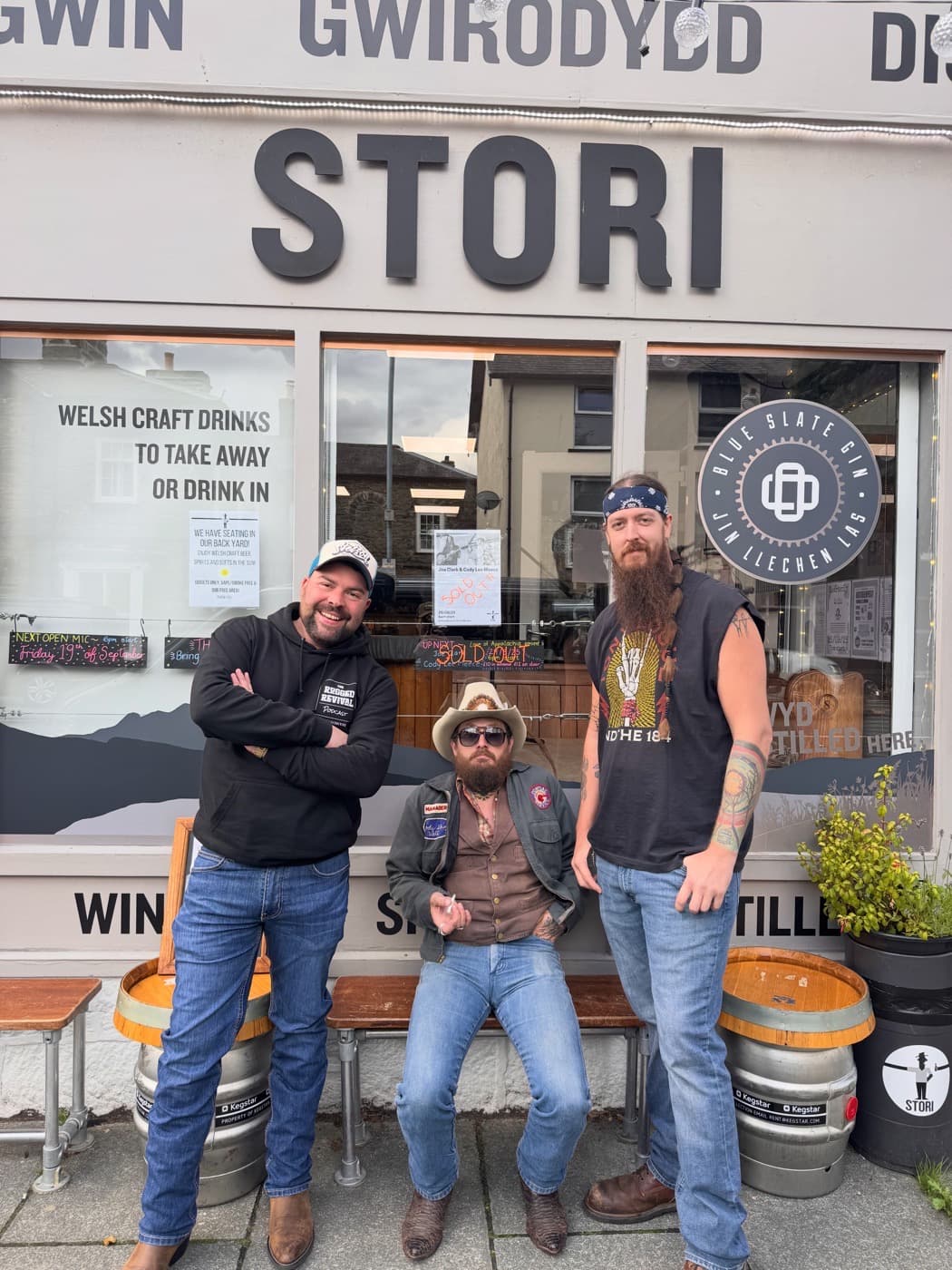 Rugged Ronnie with Cody Lee Meece and Joe Clark outside Stori in Bala, Wales